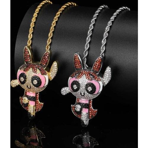 Bling Iced Out Cartoon Powerpuff Girls Pendants Micro Paved Zircon Necklace For Men Women Fashion Hip Hop Jewelry Gifts