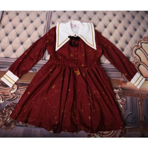 Star & Moon Galaxy Myth Theme Cute Womens Red Dress Long Sleeve Chiffon Soft Lolita Christmas One Piece with Bow Pin