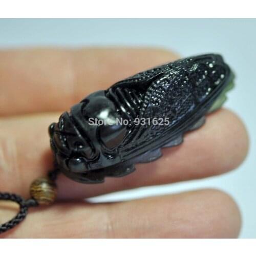 Chinese Exquisite Black Green Stone YU Gem Hand-Carved Lucky cicada Pendant + rope Necklace Fashion Jewelry wholesale