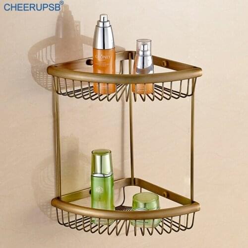 Bathroom Fan-Shaped Shelf Vintage Gold Shelves Shower Bath Holder Dual Layers Triangle Basket Copper Storage Shelfs Rose Gold