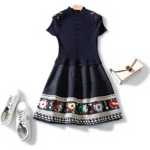 Luxury Foreign Embroidered Beaded Craft Knitting Yarn Stitching Autumn And Winter Banquet Women Dress Was Thin Bottoming L-3xl