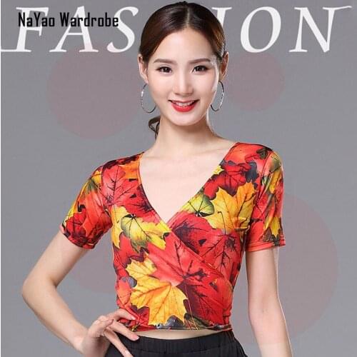Maple Leaf Short Sleeve V Neck Sexy Latin Dance Tops Stage Performance Dancing Costume Women Latin Dance Dress L49-3