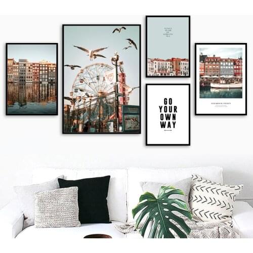 Building Sea Ferris Wheel Bird Landscape Wall Art Canvas Painting Nordic Posters And Prints Wall Pictures For Living Room Decor