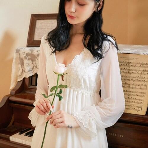 Womens Embroidered Lace Nightgown Long Sleeve Nightdress Autumn Modal Cotton Long Sexy Homewear Vintage Comfy Gowns Robe