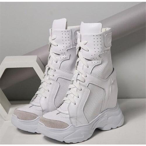 Summer new fashion leather mesh patchwork height increasing women casual high top wedges shoes thick sole platform boots