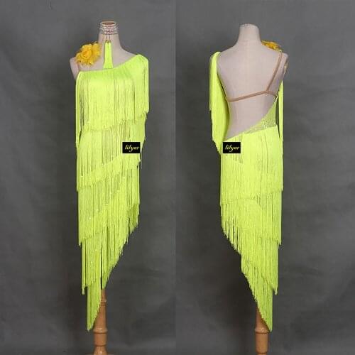 Fashion Latin Dancing Dresses For Ladies Yellow Tassel Clothes Traditional Women Ballroom Competitive Theatrical Garments E010