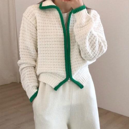 2021 Autumn Winter Women Waffle Sweater Tops Korean Style Long Sleeve Color Contrast Casual Outwear Zipper Knitted Cardigan Coat