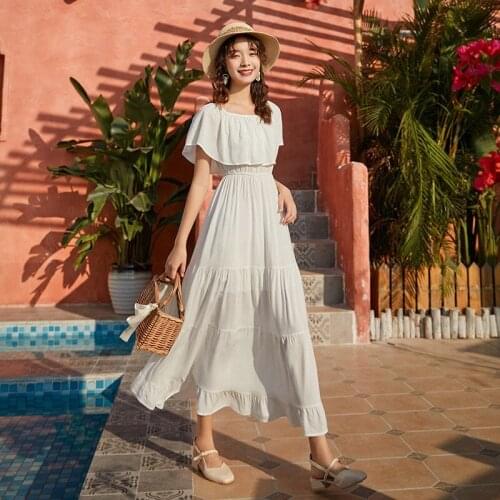 Women Summer French Long Dress Vintage Bali Hawaii Thailand Female Elegant Boho Vacation Holiday Lady Beach Slash Neck Vestidos