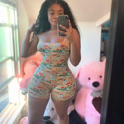 2020 Women Summer Bodysuit Sexy Deep V-Neck Sleeveless Bodycon Jumpsuit Playsuits Shorts Printed Pajama Sleepwear