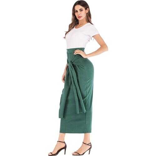 Womens Bottoms Tight Ankel-Length Stretchy Skirt With Sash Muslim Dubai Arab Fashion Dress Arabic Turkish Female Plus Size