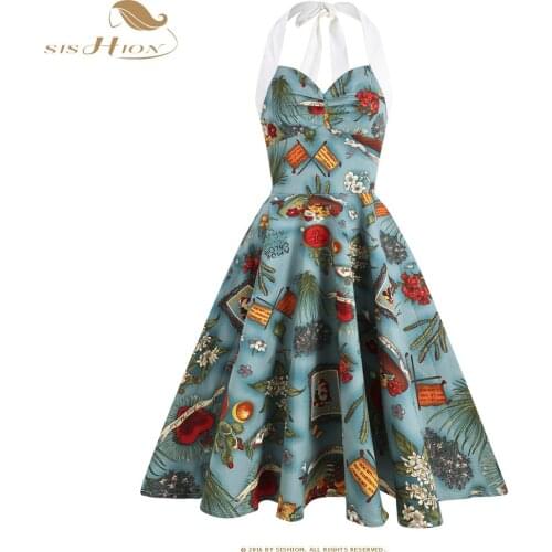 SISHION Sexy Halter 50s 60s Pin Up Dress VD2106 Summer Women Party Cotton Hepburn Floral Print Green Vintage Retro Dress