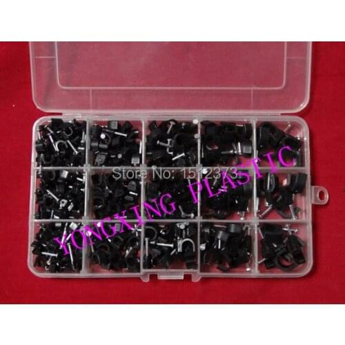 195 piece/box circle nail cable clips 5mm,6mm,7mm,8mm,10mm black color mix in box fix the cable