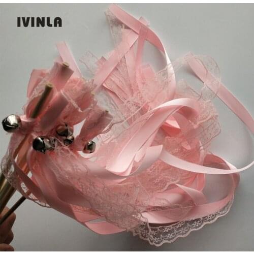 50pcs/lot pink Lace Wedding Ribbon Wands and big Bells for wedding decoration