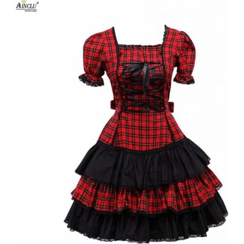 Ainclu Cemavin Womens Red Lace Lacy Square Neck Short Sleeves Cotton Sweet Sexy A-line Lolita One-Piece/Dress Free Shipping