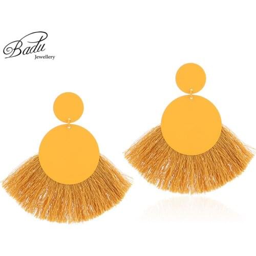 Badu Bohemian Fan Shape Cotton Tassel Earrings Big Statement Jewelry Ginger Yellow Vintage Earring Christmas Party Gift