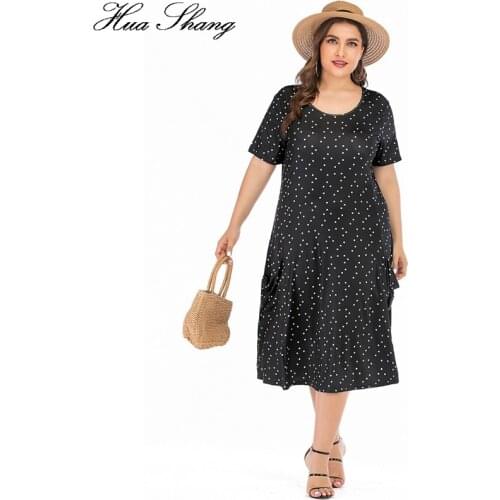 Black Polka Dot Dress Plus Size Women Summer O Neck Short Sleeve Loose Oversized Dress Pockets Ladies Tunic Maxi Long Dresses
