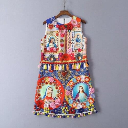 European and American womens fashion 2019 spring new style sleeveless Heavy industry tassel nail bead stereo flower dress