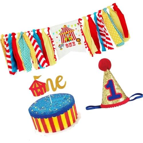 1 Set of 3pcs One-year-old Dining Chair Flag Circus Birthday Party Banner Cartoon Printing Hanging Banners High Chair Flags