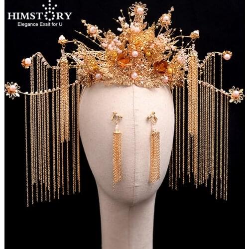 HIMSTORY Vintage Chinese Wedding Crown Ancient Bridal Beaded Luxury Long Tassel Hairwear Wedding Jewelry Hair Accessorie
