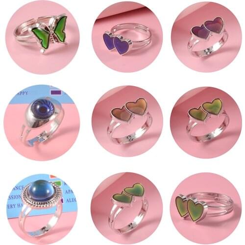 Change Mood Ring Vintage Butterfly Glitter Powder Adjustable Size Mood Ring Temperature Emotion Feeling Mood Necklace for Women