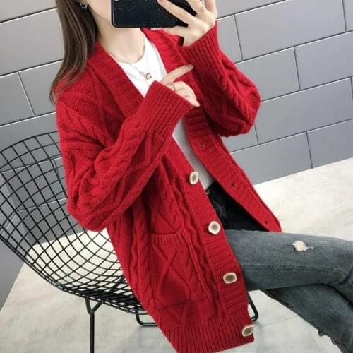 Women 2021 Spring Autumn Fashion Loose Sweater Cardigan Coats Female Long Solid Color Knit Jackets Ladies V-Neck Outerwear