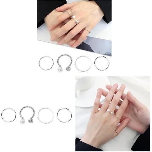 Anillos Mujer Pack Of 4 Fashion Women Simulated Pearl Open Ring Rhinstone Adjustable Circle Accessories Decor Кольца 2021 Тренд