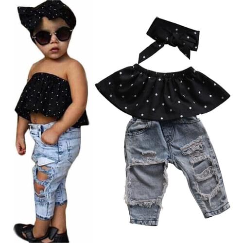 2019 Fashion Autumn Newborn Baby Girls Clothes Off Shoulder Dots Wrapped Chest+Hole Denim Pants 2Pcs Clothes Jeans Pants Outfit