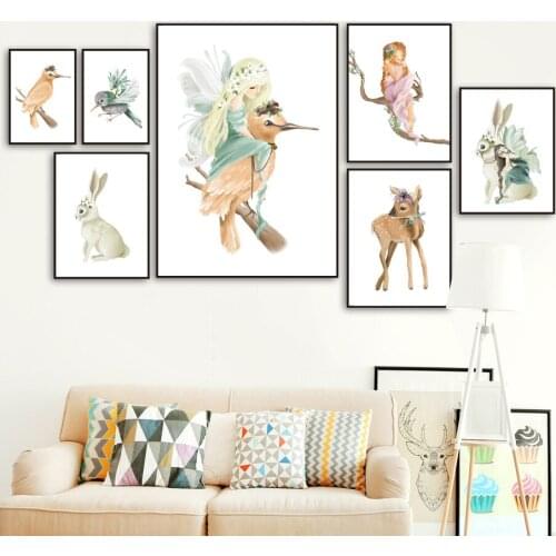 Cartoon Girl Deer Rabbit Bird Animals Nordic Posters And Prints Wall Art Canvas Painting Wall Pictures For Kids Room Home Decor
