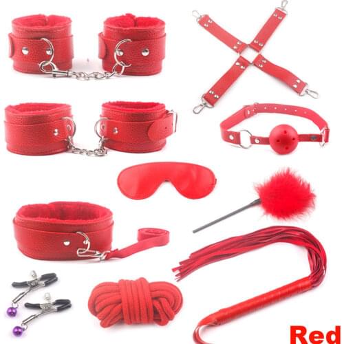 10Pcs/Set SM Sex Bondage Set Restraint Fetish SM Adult Sex Toys Neck Collar Leash Whip Rope Hand Cuffs Footcuff