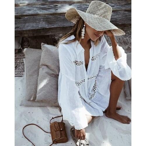 2021 New Swimsuit Cover Up Beach Women Mandarin Sleeve Kaftan Beach Tunic Dress Robe De Plage Solid White Bikini Cover-ups