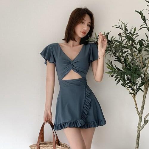 2021 New Korean Style Solid Bodysuit Monokini Backless Swimsuit Skirt Womens One-piece Swimwear Push Up Padded Beach Bathsuit