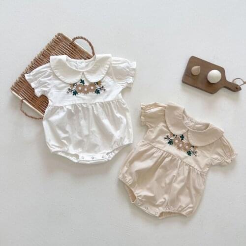New Summer Kids Baby Girls Rompers Short Sleeve Peter pan Collar Flower Embroidery Cute Baby Girls Bodysuit Outfit