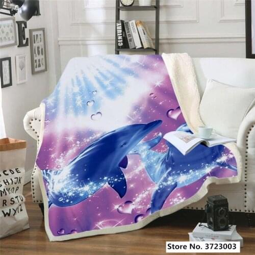 3D Cute Dolphin Print Rainbow Sherpa Blanket Couch Quilt Cover Travel Bedding Outlet Velvet Plush Throw Fleece Blanket Bedspread