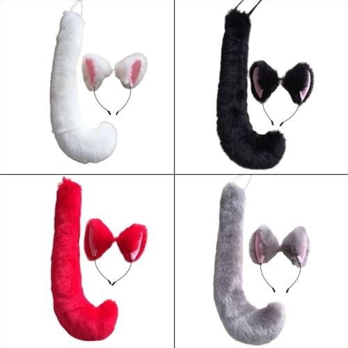 Anime Solid Color Plush Cat Wolf Cosplay Animal Ears Bandana Tail Lolita Costume