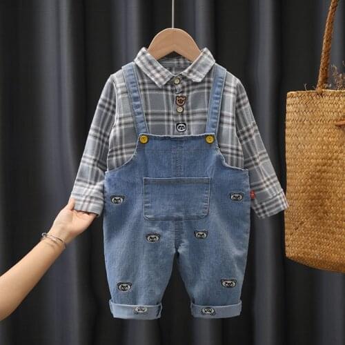 2021 Autumn Baby Girls Boys Clothing Sets Children Cotton Clothes Outfit Infant Plaid Shirt Cartoon Bear Jeans Kids Sportswear