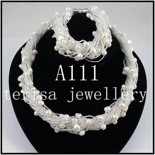 Handmade Genuine Pearl Necklace Bracelet Jewelry Set White Color 7-8mm Freshwater Pearl 24rows Magnet Clasp Perfect Women Gift