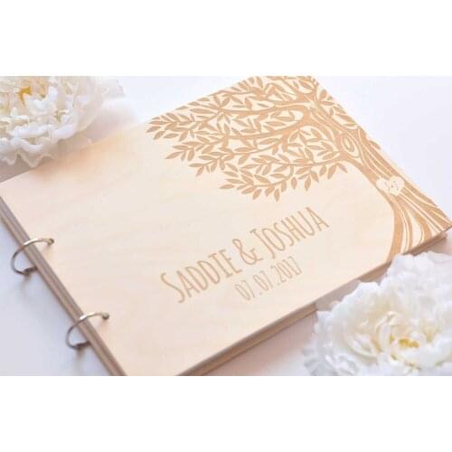 Personalized Family Tree Album, Antique Engraved Tree Wedding Message Book, Custom Mr. and Mrs. Wooden Wedding Message Book