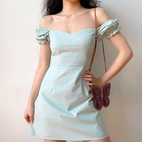 Summer Mint Green Simple A-line Dress Women Square Collar Elegant Puff Sleeve Slim Mini Dresses Ladies Casual Short Vestidos