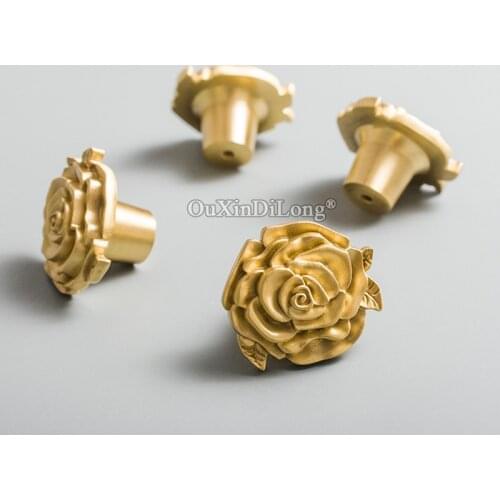 European 4PCS Rose Flower Pure Brass Furniture Handles Drawer Pulls Cupboard Wardrobe Kitchen Wine Cabinet Pulls Handles & Knobs