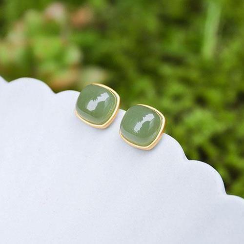 Ancient Sterling Silver Jasper Stud Earrings Natural Hetian Jade Earrings S925 Sterling Silver Earrings Simple Classic Egg-Shape