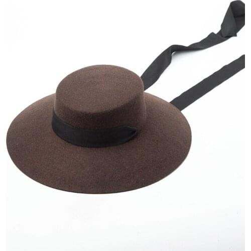 Women Autumn Winter Solid Classical Wool Wide Brim Gorros Female Cap With Black Long Streamer Pillbox Hat Flat Top Fedoras Hat
