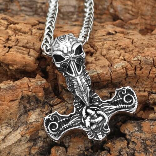 Nordic viking stainless steel thor hammer The Horns of Odin Mjolnir odin raven valknut necklace with valknut gift bag
