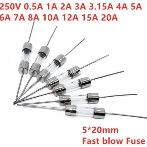 100Pcs 5x20mm Glass fuse Whit pin 5*20mm 250V 0.1A 0.5A 1A 2A 3A 4A 5A 8A 10A 12A 15A