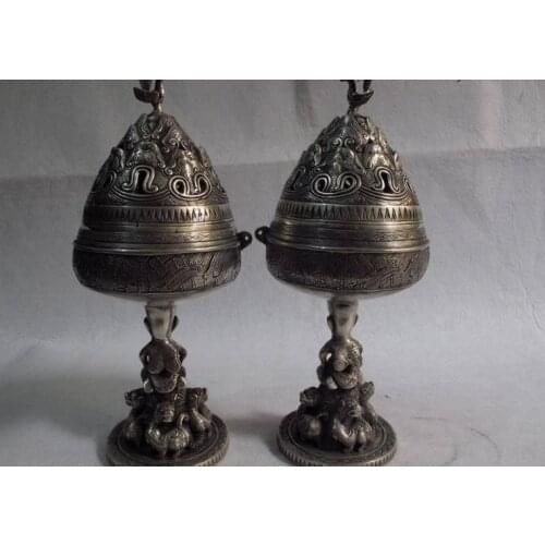 Tibet buddhism temple white bronze silver foo dog Lanterns censer incense burner