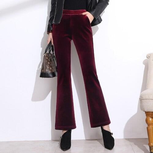 Womens pants autumn new velvet retro flare pants trousers high waist wide leg pants were thin elastic waist pants Trousers
