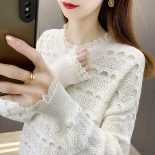 Fashion Knitted Sweater Pullover Women Autumn New Lace Patchwork Hollow Out O Neck Long Sleeve Knitwear Loose Ladies Tops G1324