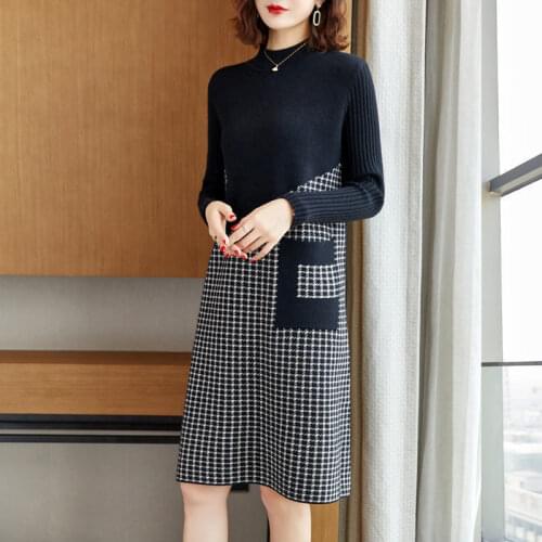 Autumn Winter Stand Collar Knitted Dress Women Loose Casual Plaid Vintage Elegant Basic Sweater Dress Female Clothes Pullover
