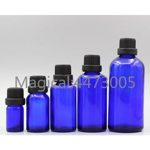 2/10pcs 5ml 10ml 15ml 20ml 30ml 50ml 100ml Empty DIY Cosmetic Blue Glass Essential Oil Sub Bottles with Black Big Plastic Cover