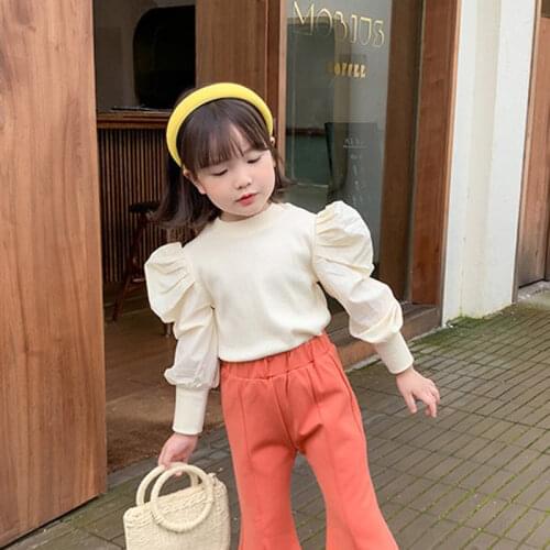 2020 Autumn New Arrival Girls Long Sleeve Cotton Tops Kids Puff Sleeve Candy Color T Shirt Girls Top
