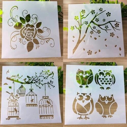 5.1x5.1 inch) ) Diy drawing pattern stamp Trees collection Plastic Stencil flower bird painting plastic mold